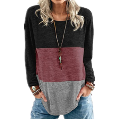 New Women's Clothing Round Neck Contrast Color Stitching Loose Long Sleeve