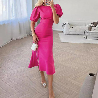 Lantern Sleeve Waist Trimming Fashion Slim Long Dress