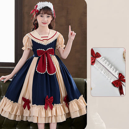 Girls Dress Pleated Bow Lolita Princess Dress