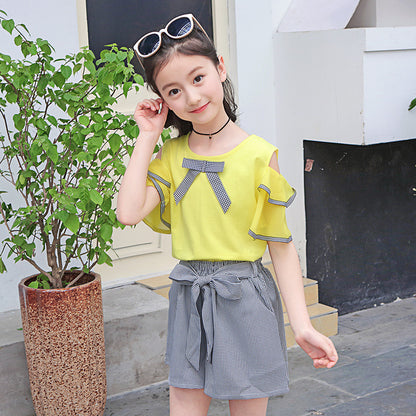 Girls' Suit New Style Off-shoulder Short-sleeved Shorts Suit