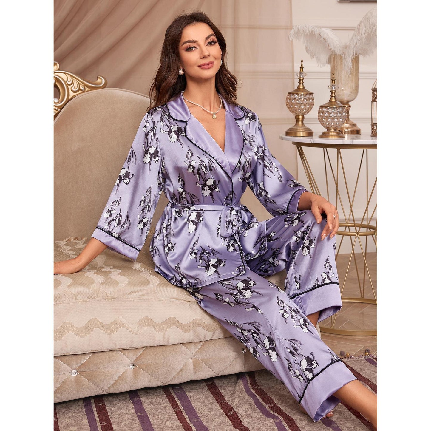 Women's Silk-like Cardigan Lace-up Nightgown Pajama Pants Home Wear Suit