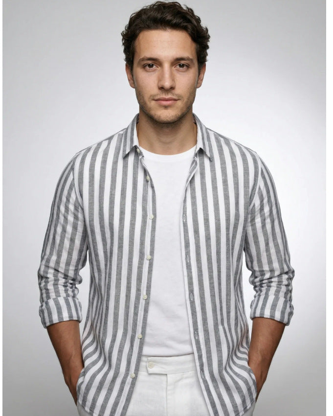 Striped Print Shirt Casual Loose Long-sleeved Shirt Men's Clothing