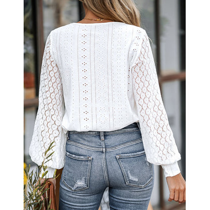 Fall V-neck Lace Fashion Hollowed-out Casual Long-sleeved Shirt