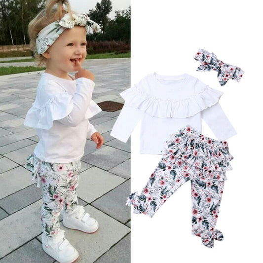 Girls' Lace Blouse With Multi-layer Printing Trousers And Flower Head Suit