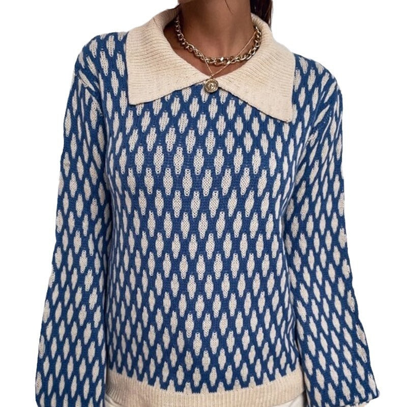 French Style Diamond Patterns Lantern Sleeve Contrast Color Sweater