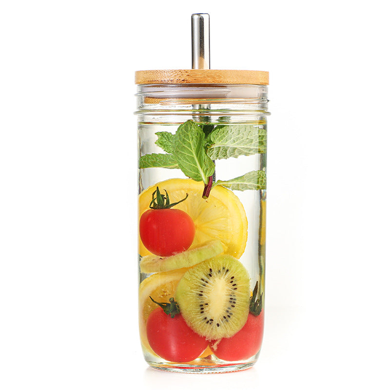 With Straw Hole Glass Bottle Mason  Drinking Cup