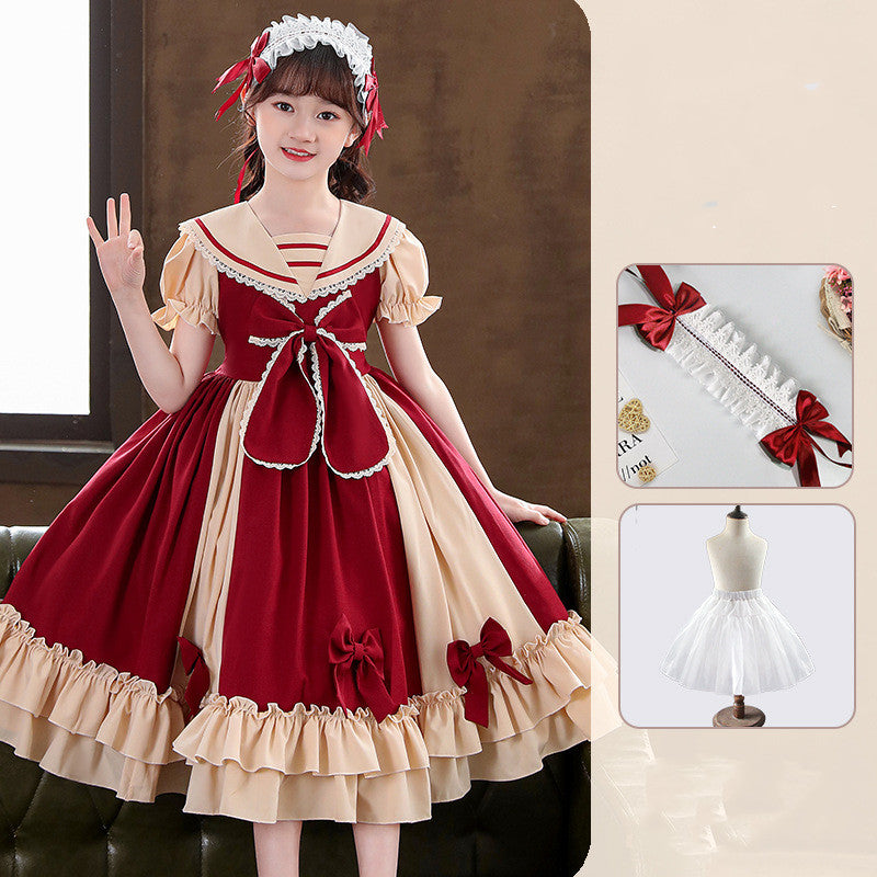 Girls Dress Pleated Bow Lolita Princess Dress