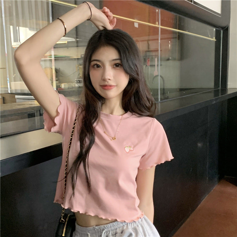 Short Sleeve Embroidered Wooden Ear Slim T-shirt