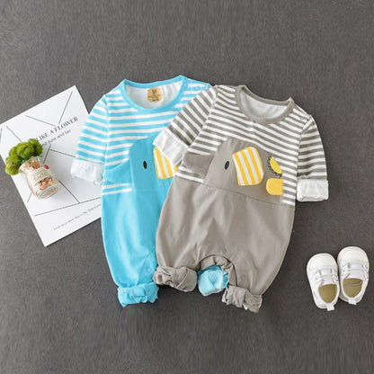 Infant Crew Neck Striped Elephant Print Romper