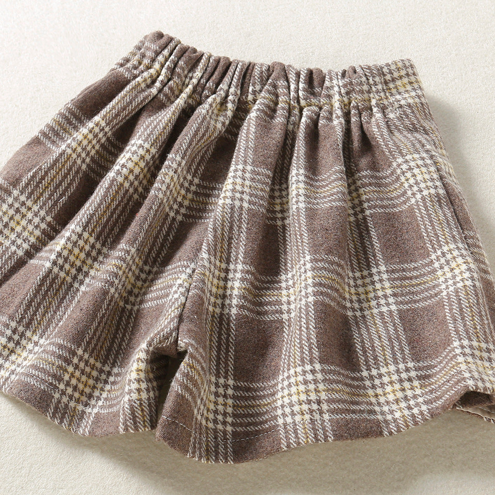 Solid Color Top  Plaid Skirt Two Piece Set