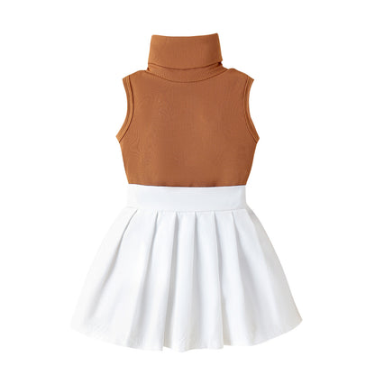 Sunken Stripe Turtleneck Sleeveless Vest Pleated Skirt Children Suit