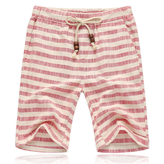 Men's Mixed Color Stripe Cotton Linen Cropped Casual Shorts