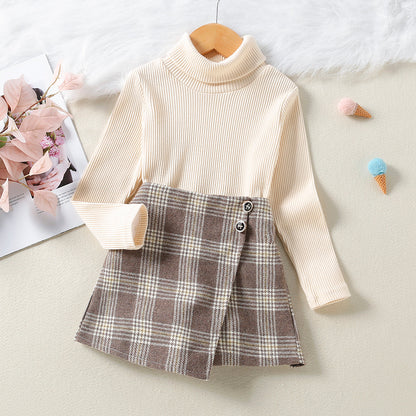 Solid Color Top  Plaid Skirt Two Piece Set