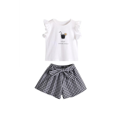 Children's Clothing Girls Suit Short-sleeved Two-piece Korean-style Bow Check Shorts