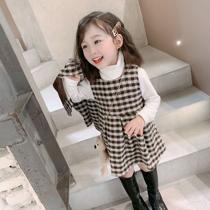 Costume d'automne et d'hiver pour fille, manteau en laine à carreaux noir et blanc Preppy