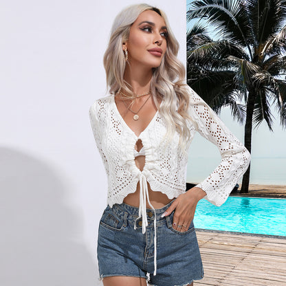 Drawstring Hollow-out Twisted Wavy Knitted Blouse