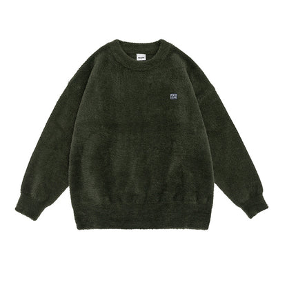 Pull rétro en Mohair à col rond pour homme, pull tricoté en peluche, couleur unie