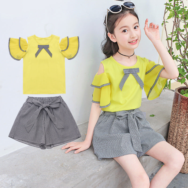 Girls' Suit New Style Off-shoulder Short-sleeved Shorts Suit