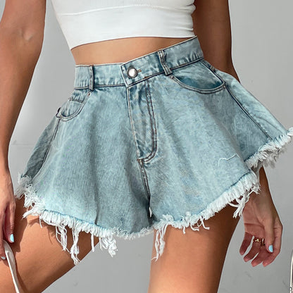 High Waist Loose-fitting Tassel Denim Shorts For Women