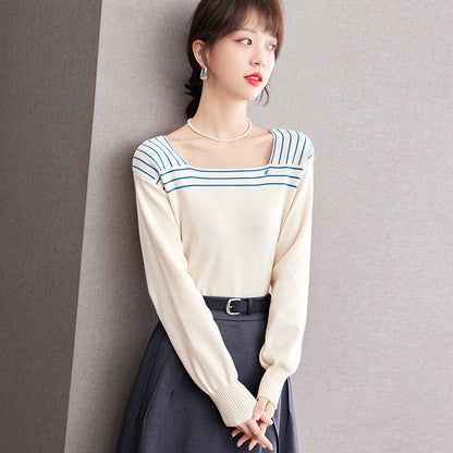 French Sailor Blue Striped Square Collar Sweater Retro Navy Style