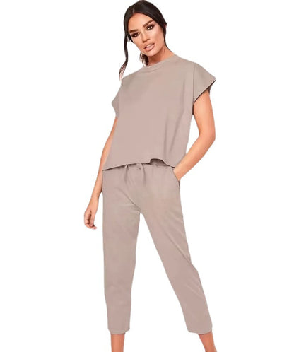 Short Sleeve Round Neck Top And Drawstring Cropped Pants Set