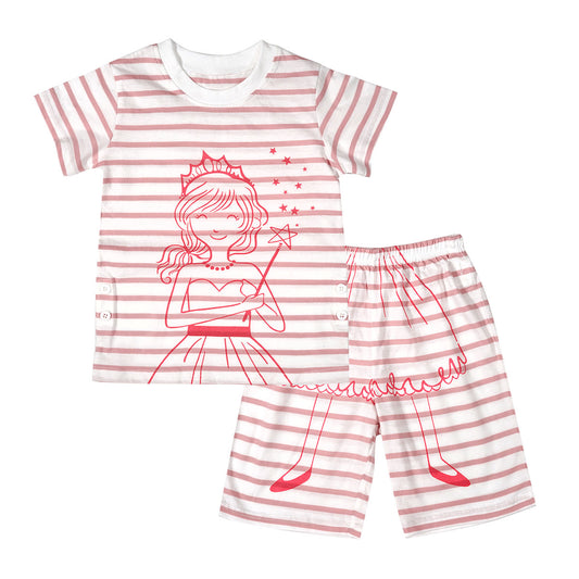 Children's Striped Short-sleeved Elastic Waist Shorts, Cartoon Casual Sweater Suit