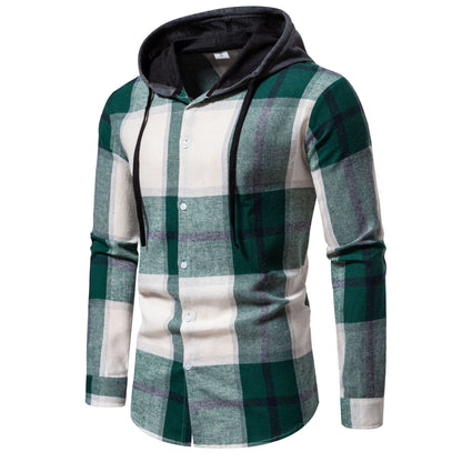 Casual Hooded Men's Plaid Long Sleeve Shirt