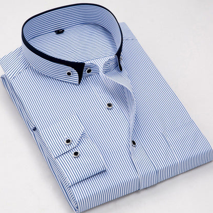 Spring Buckle Collar Pointed Collar Vertical Stripe Inch Shan Men's Youth Slim Blue Casual Shirt