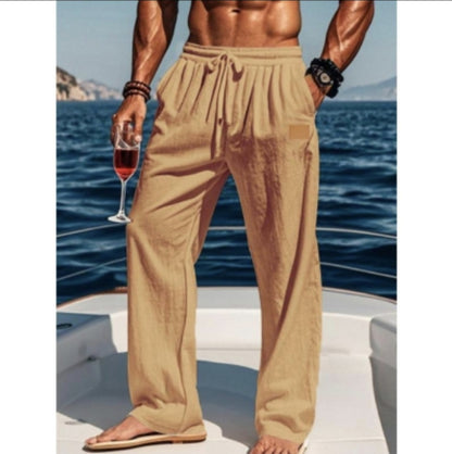 New Men's Cotton And Linen Drawstring Straight Leg Pants