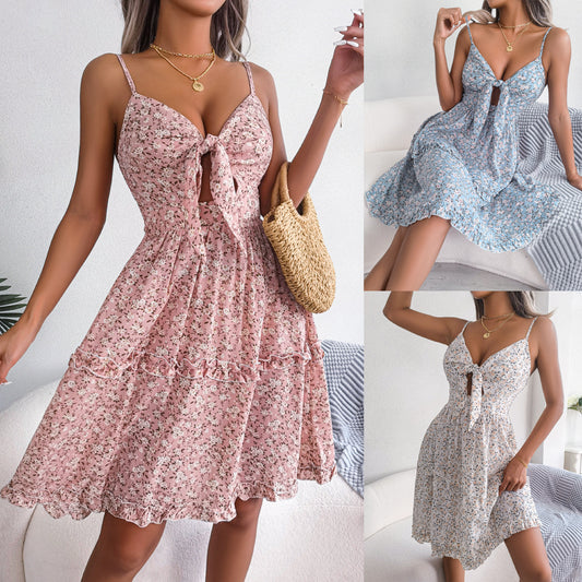 Spring And Summer Floral Bow V-neck Ruffled Large Swing Dress