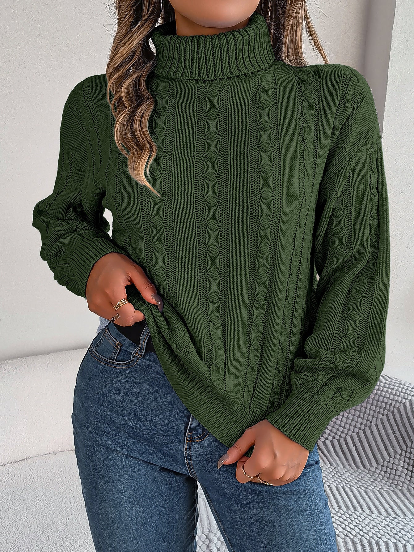 Women's Casual Solid Color Twist Long Sleeve Turtleneck Sweater