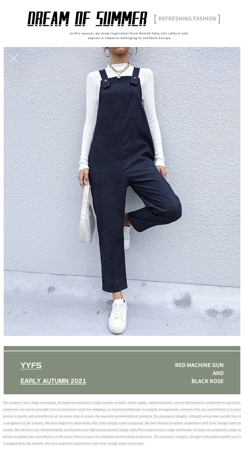 Women's Autumn Warm Corduroy Loose Solid Color Suspender Pants