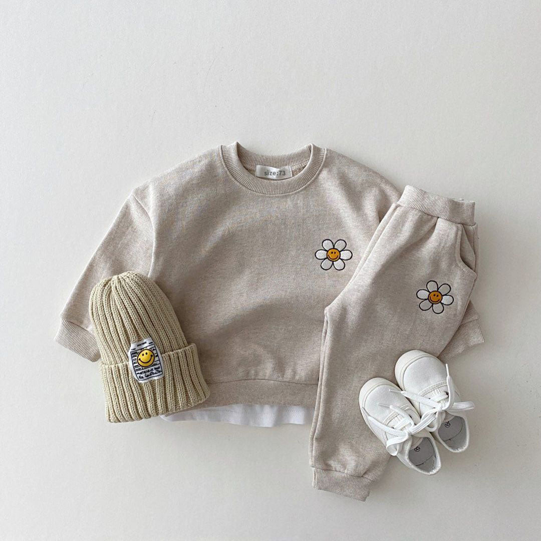 Cartoon Embroidered Flower Casual Sweater Set