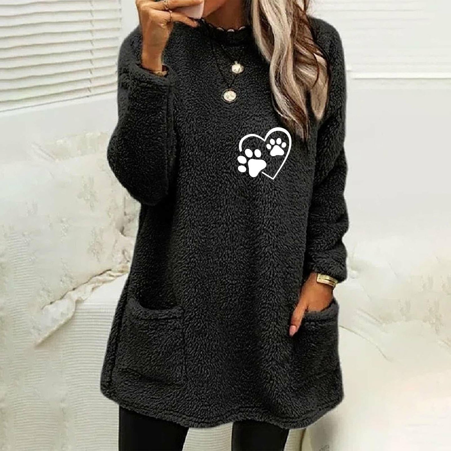 Autumn Women's Loose Long Sleeve Love Footprints Print Double-sided Velvet Sweatshirt