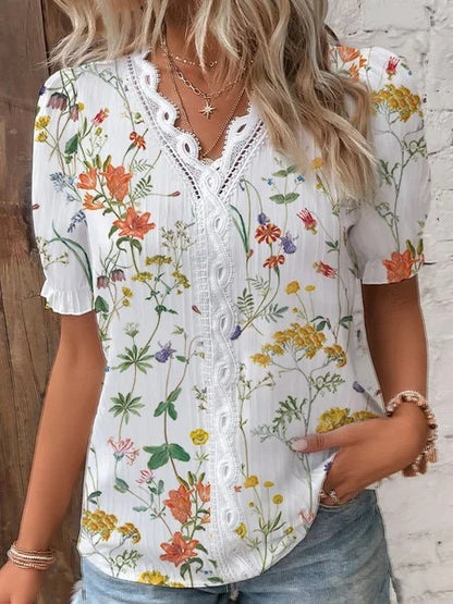 Summer V-neck Lace Stitching Printing Shirt For Women