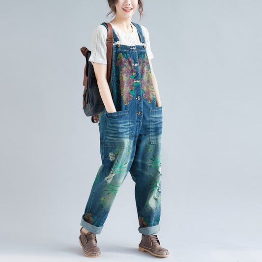 Women's Loose Plus Size Denim Light Color Hole Overalls