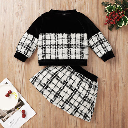 Black Plaid Print Baby Girl Suit Skirt