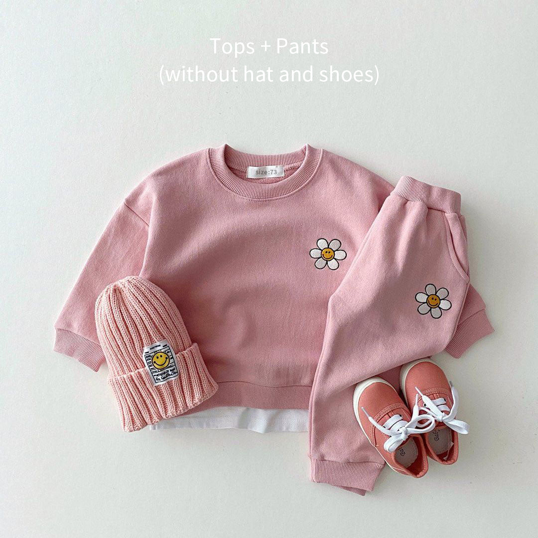 Cartoon Embroidered Flower Casual Sweater Set