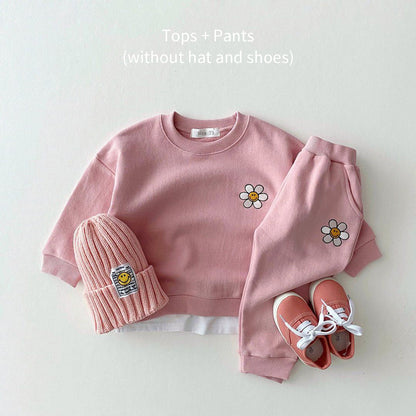 Cartoon Embroidered Flower Casual Sweater Set