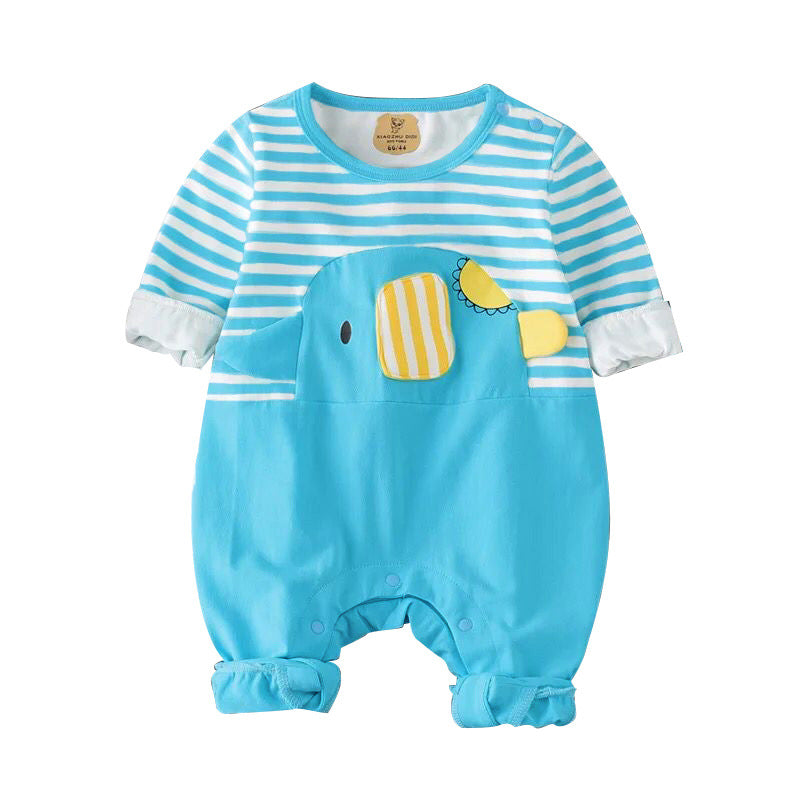 Infant Crew Neck Striped Elephant Print Romper