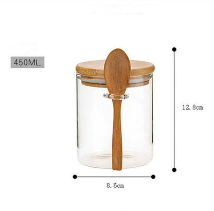 Salt And Sugar Seasoning Round Glass Bamboo And Wood Lid Storage Jar