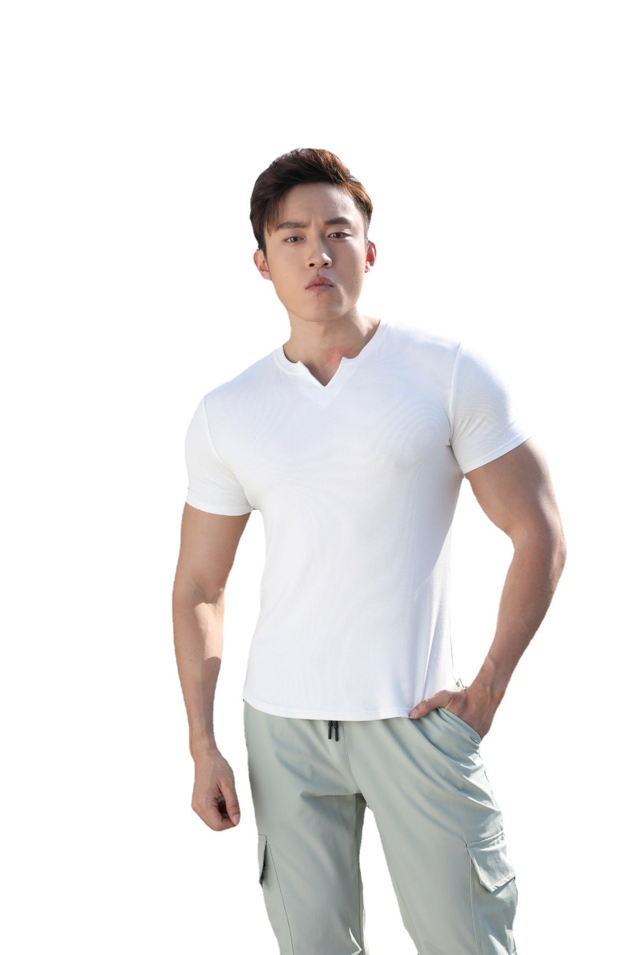 Men's V-collar Short Sleeve Coat Sports Quick-drying Solid Color Outdoor Fitness Running Slim