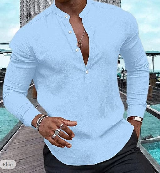 Chemise pour hommes décontractée à manches longues couleur unie coton lin Henley haut