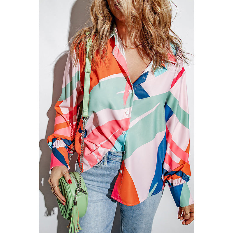 Printing Color Contrast Thin Long-sleeved Top For Women