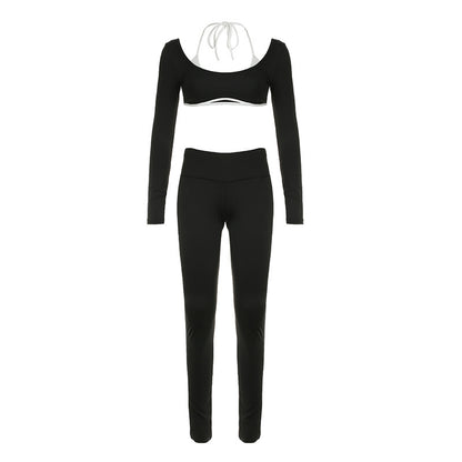 Solid Color Knitted Letter Body-hugging Suit Round Neck Long Sleeve Short Top High Waist Skinny Leggings Two-piece Set