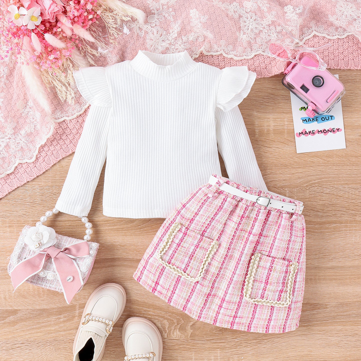 Girls' Turtleneck Long-sleeve T-shirt Woolen Skirt With Belt Suit