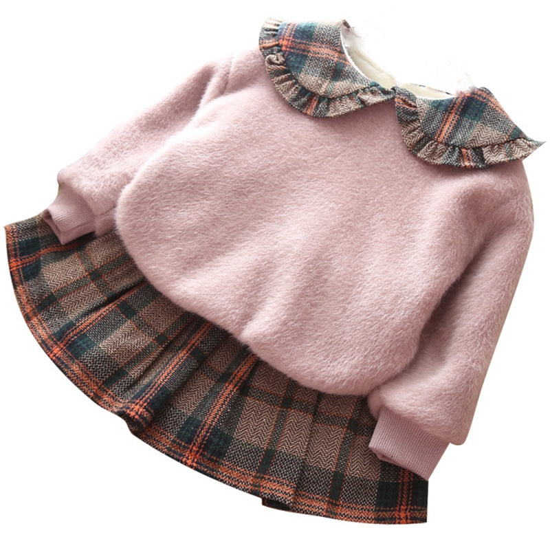 Girls' Stitching Pullover Sweater And Plaid Pleated Skirt Two-piece Suit