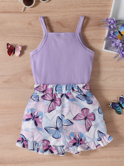 Ensemble deux pièces avec short papillon à rayures et bretelles violettes