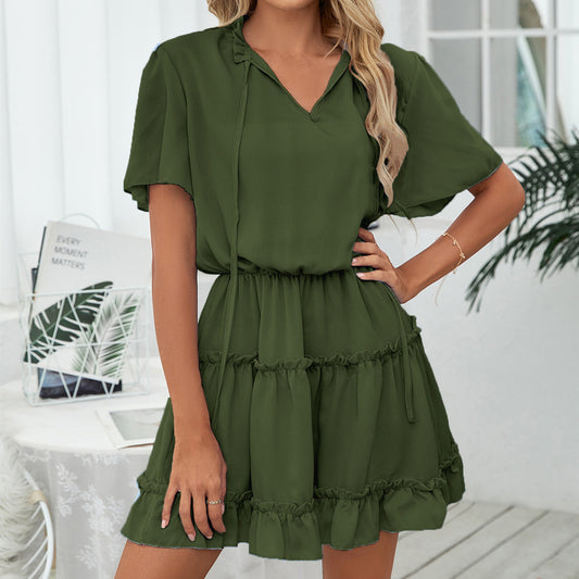 Short Sleeve Dress Women's Ruffled V-neck