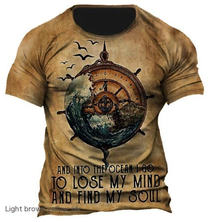 Summer New Men's T-shirt 3D Compass Printed Round Neck Short Sleeve